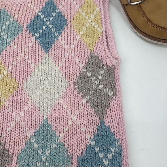 80’s Vintage hand-knit pastel pink argyle sweater-vest ramie metallic Large - Picture 6 of 12